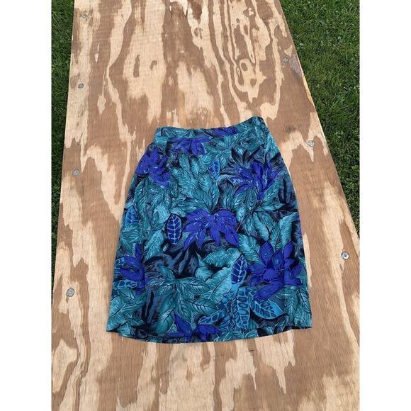 Vintage Kasper ASL Womens Silk Skirt Size 6 Blue Green Floral Leaves Tropical - Picture 6 of 6